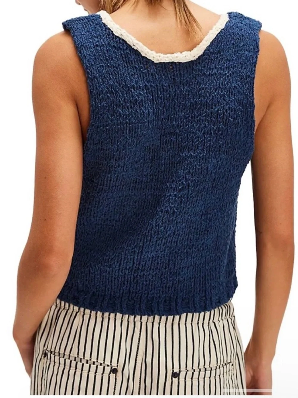 Free People XS Sicily Sweater Shell Navy Nautical Beach Coastal Knit Relaxed